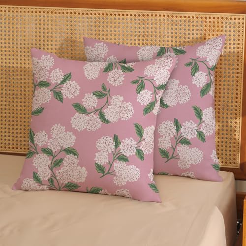 DAFENA Pink Pillow Covers 18x18 Inch 2 Pcs Preppy Pink Green Hydrangea Flower Decor Throw Pillows Vintage Floral Seasonal Spring Summer Outdoor Decoration Pillowcase Linen Cushion Cover for Couch Sofa - Image 3