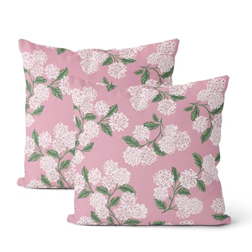 DAFENA Pink Pillow Covers 18x18 Inch 2 Pcs Preppy Pink Green Hydrangea Flower Decor Throw Pillows Vintage Floral Seasonal Spring Summer Outdoor Decoration Pillowcase Linen Cushion Cover for Couch Sofa - Image 1