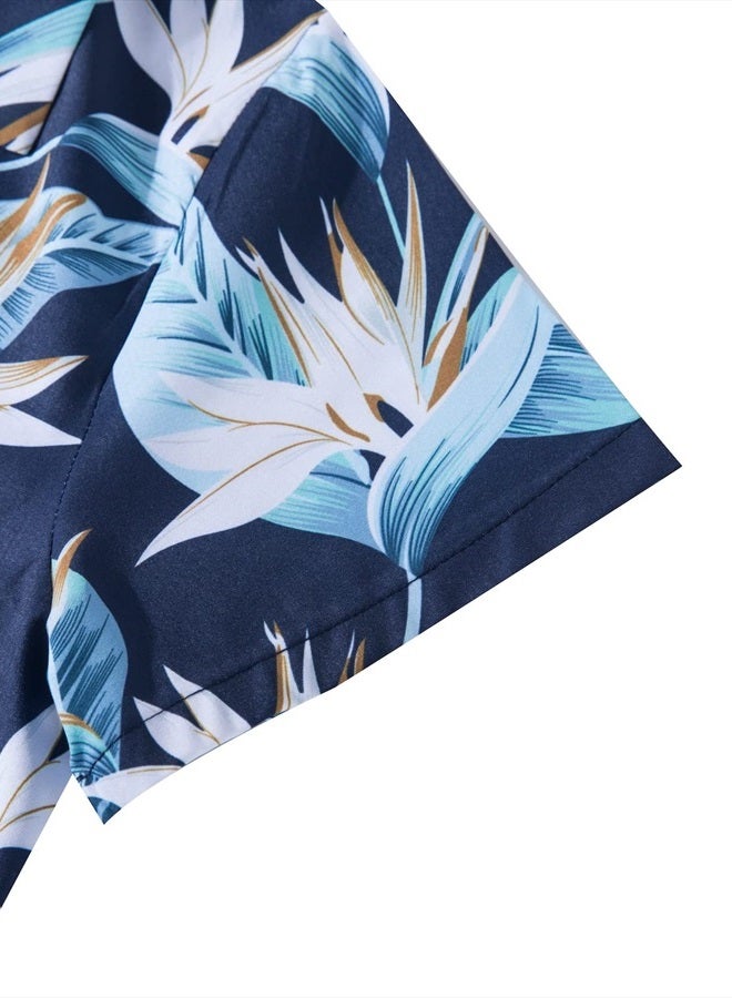 MOHEZ Little & Big Boys Hawaiian Shirts Short Sleeve Floral Summer Beach Tropical Casual Aloha Luau Shirts Top for Kids Navy 7-8 Years Old - Image 5