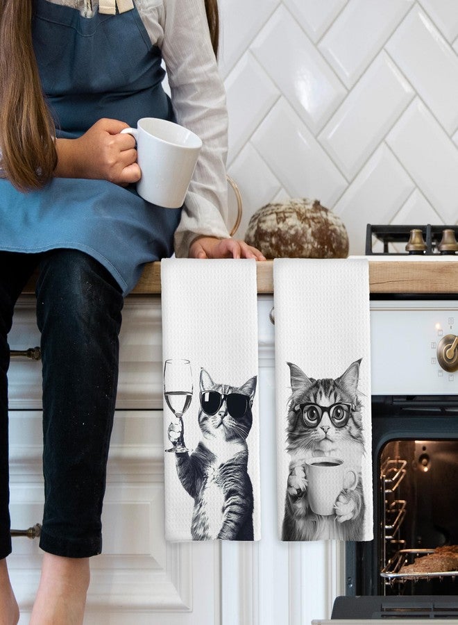 Mcehtle Funny Cat Kitchen Towels Set of 2, Funny Kitchen Decor, Coffee Station Wine Bar Decor, Black and White Cat Owner Gift Hand Towel, Dining Room Decorative Tea Towel Dish Towels 16x24 Inch - Image 3