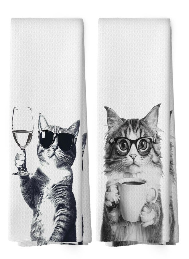 Mcehtle Funny Cat Kitchen Towels Set of 2, Funny Kitchen Decor, Coffee Station Wine Bar Decor, Black and White Cat Owner Gift Hand Towel, Dining Room Decorative Tea Towel Dish Towels 16x24 Inch - Image 1