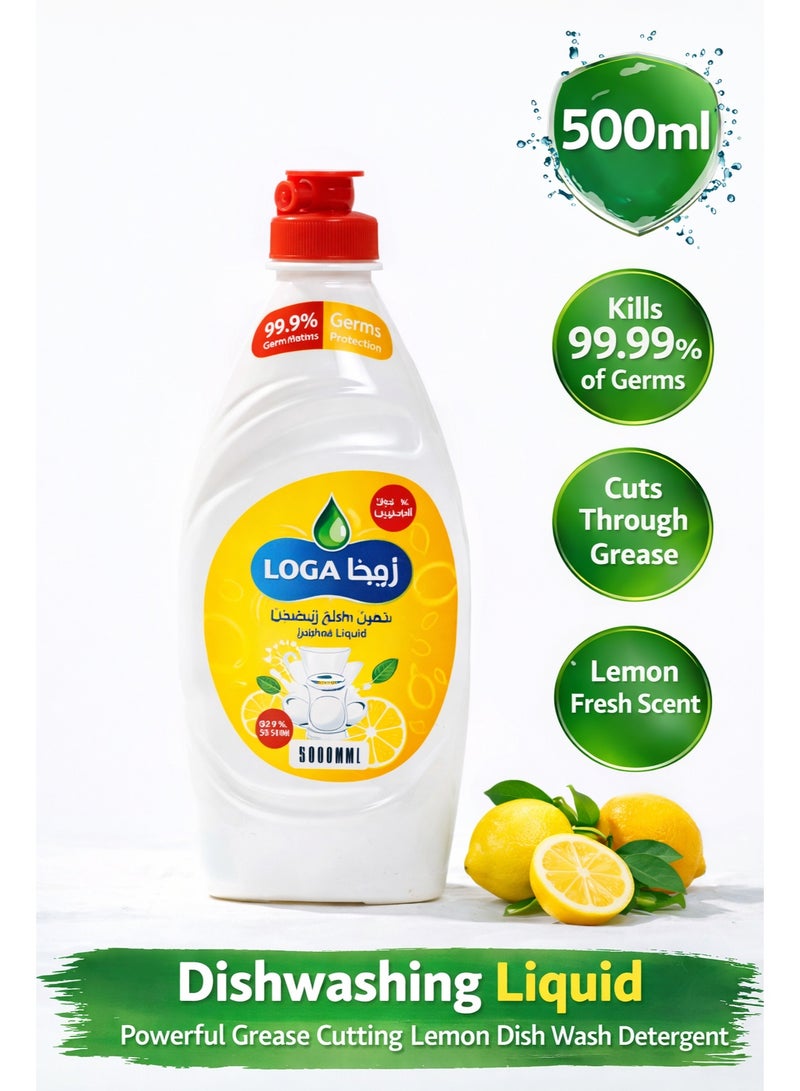 LOGA Dishwashing Liquid Lemon 500ml Powerful Grease Cleaner Kills 99.99% Germs Fresh