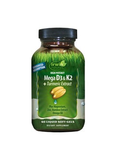 High Potency Mega D3 & K2 + Turmeric Extract For Healthy Bones Immune Function & Positive Mood Advanced Absorption With Magnesium Turmeric Bamboo & Omega Oil 60 Liquid Softgels