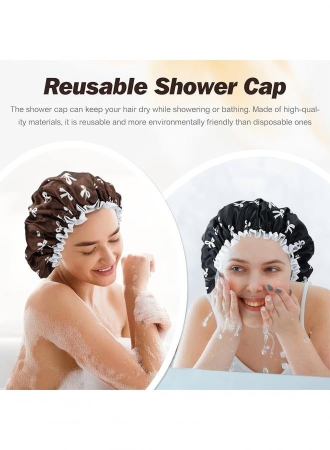 4Pcs Double Waterproof Shower Caps, Elastic Reusable Bathing Cap Printed Shower Hat Bath Hat Beauty Salon Spa Shower Cap for Women Girls - Image 2