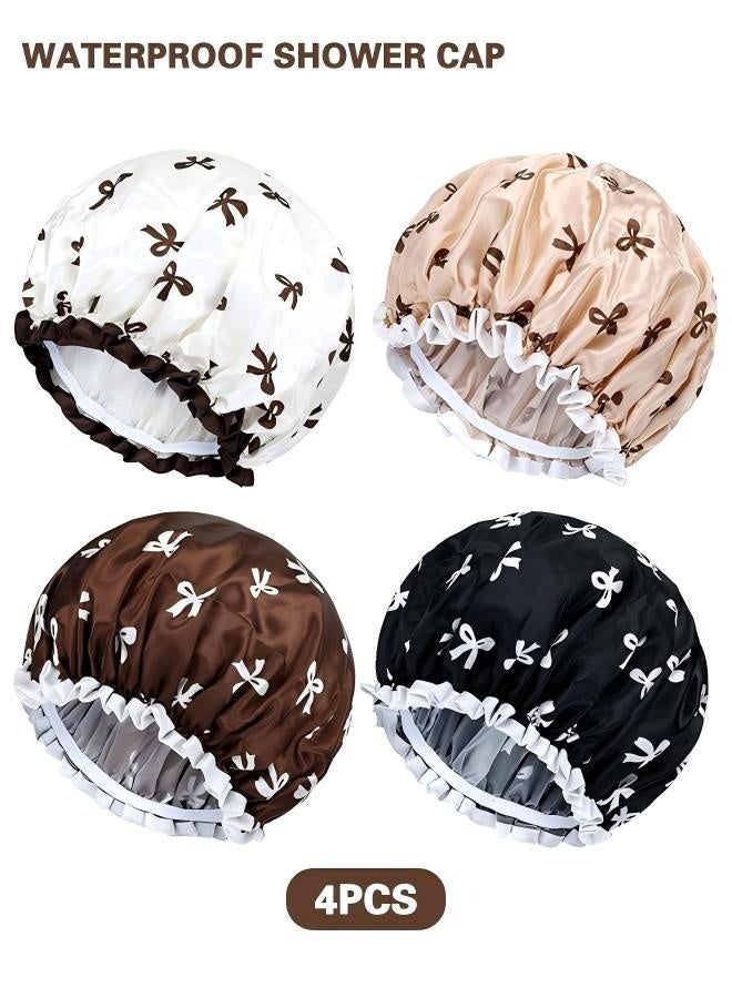 4Pcs Double Waterproof Shower Caps, Elastic Reusable Bathing Cap Printed Shower Hat Bath Hat Beauty Salon Spa Shower Cap for Women Girls - Image 1