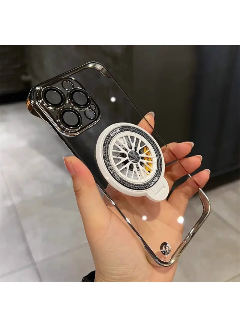 Suitable for iPhone 16 Pro phone case, TPU transparent material, 360 ° gyroscope rotating decompression bracket, anti slip, sweat proof, anti fingerprint, anti-collision protection, silver plated border - Image 3