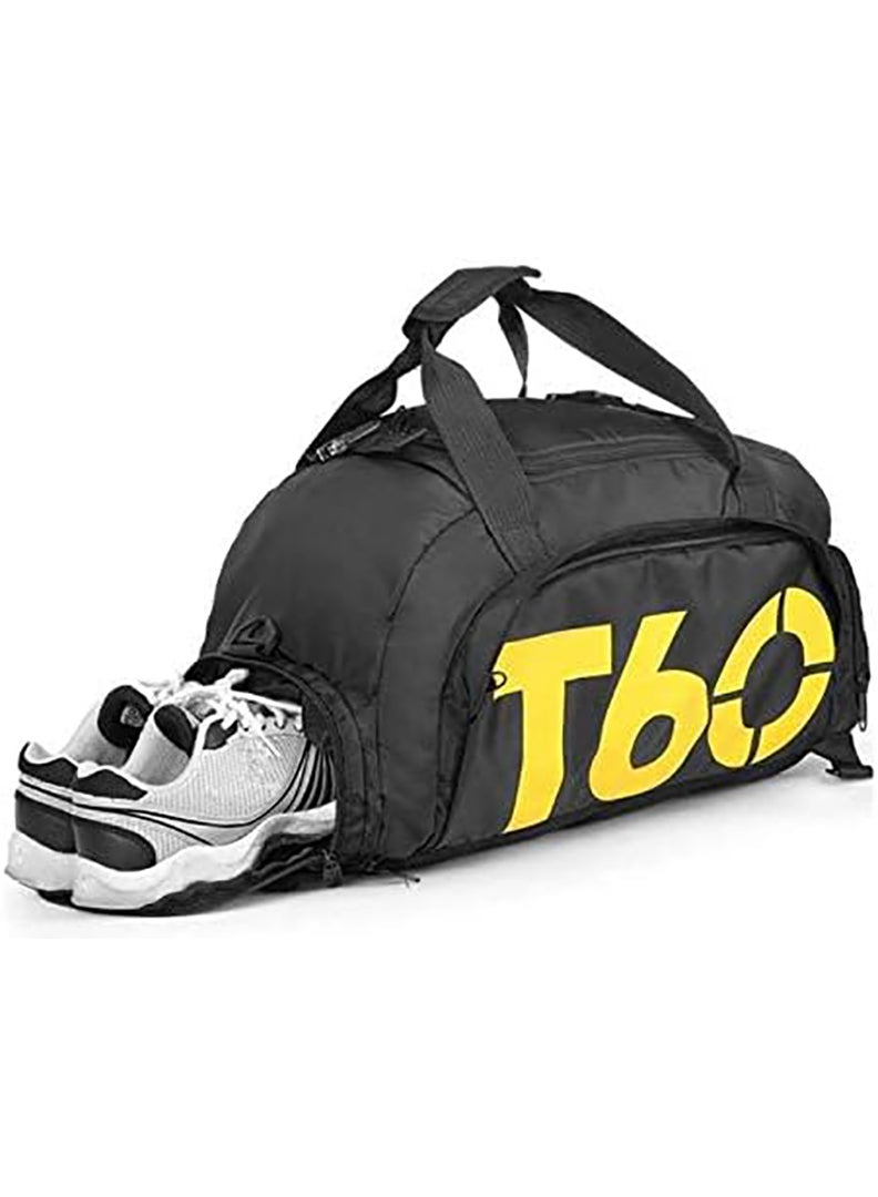 T60 حقيبة رياضية للصالة الرياضية وحقيبة سفر دافل مع جيب مبلل وحجرة للأحذية خفيفة الوزن للغاية باللون الأسود والأصفر - Image 1