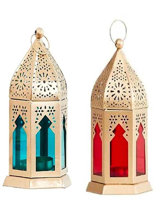 PALMY Beautiful Home Collection Decorative Moksha Round Hanging Lantern/Lamp with t-Light Candle, Set of 2 (Size 9x9x24 cm) (Yellow & Blue) - Image 1