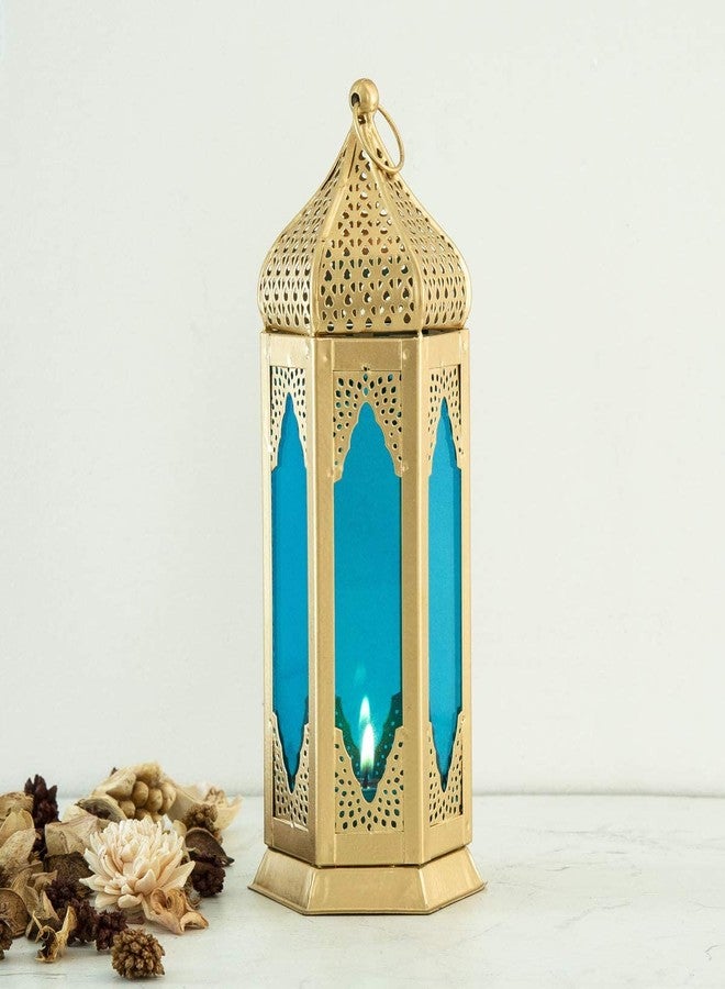 PALMY Beautiful Home Collection Decorative Moksha Round Hanging Lantern/Lamp with t-Light Candle, Set of 2 (Size 9x9x24 cm) (Yellow & Blue) - Image 3
