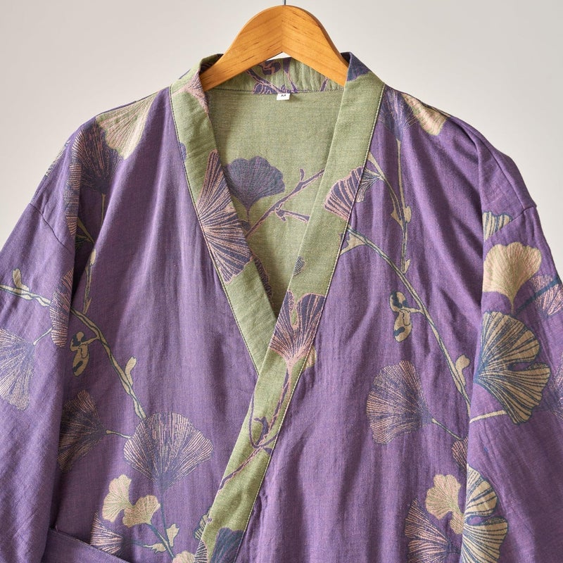 Kimono Robe 100% Cotton Gauze Ginkgo Leaf Print - Image 3