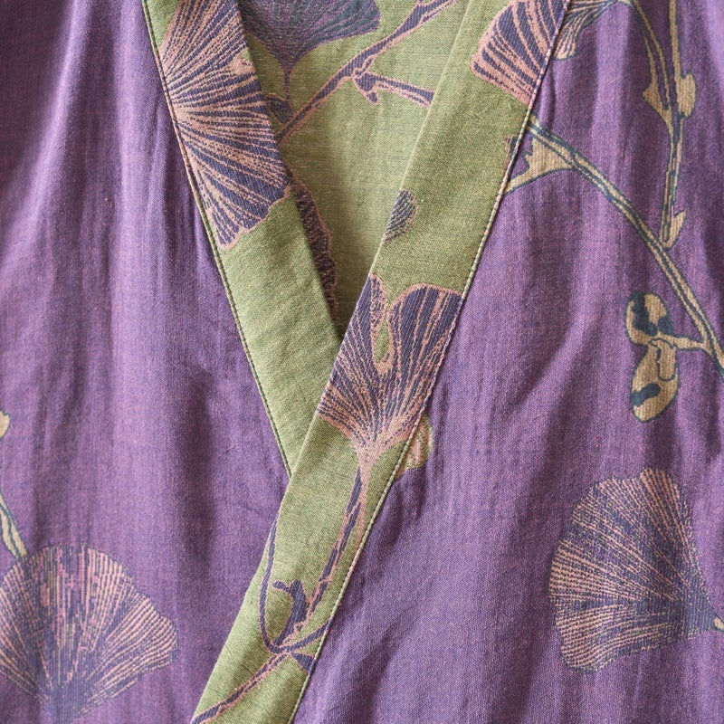 Kimono Robe 100% Cotton Gauze Ginkgo Leaf Print - Image 4