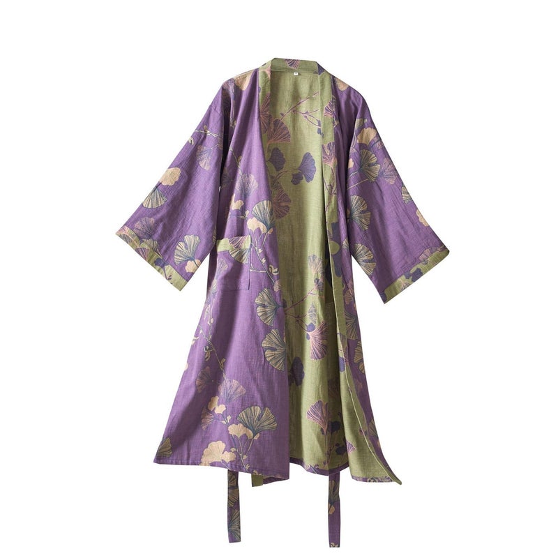 Kimono Robe 100% Cotton Gauze Ginkgo Leaf Print - Image 1