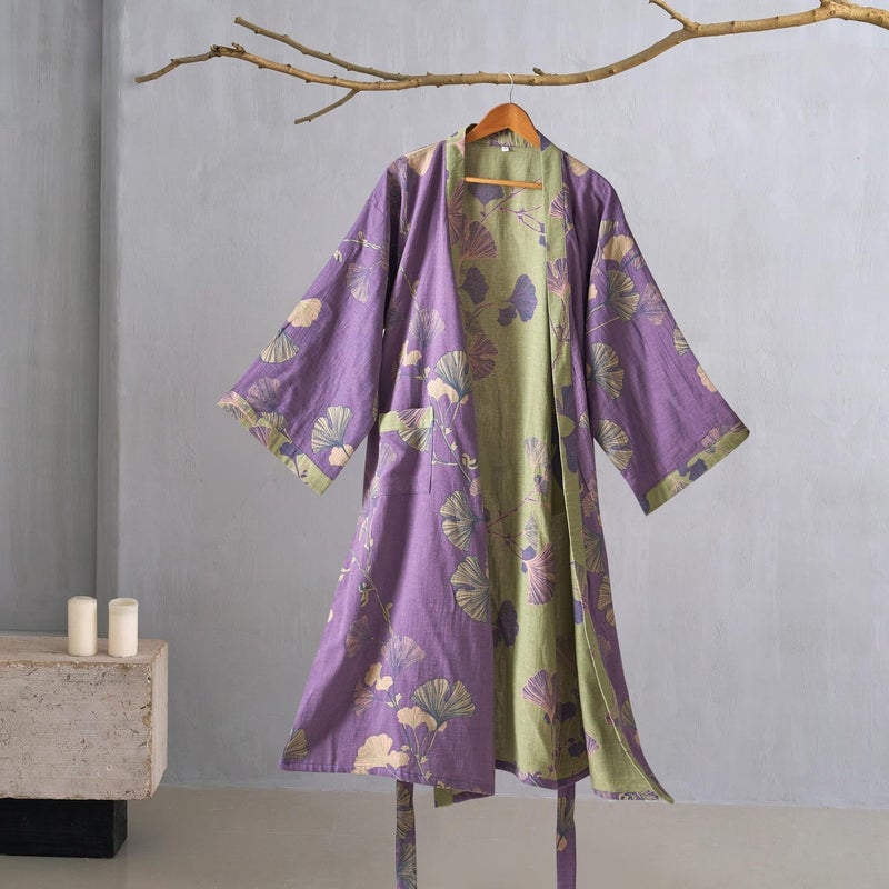 Kimono Robe 100% Cotton Gauze Ginkgo Leaf Print - Image 2