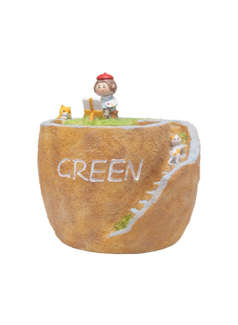 Generic Creative Pastoral Style Resin Succulent Plant Pot, Flower Pot/Plant Pot, Suitable For Herbs, Succulents, Cactus Pen Holder, Suitable For Diy Micro Landscape Home Decoration (Painting)  - Image 1