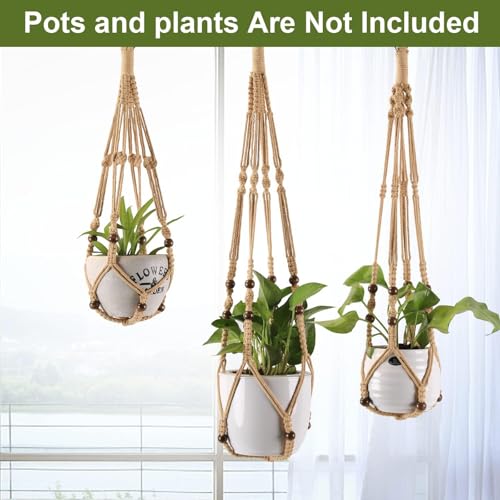MKO SHUN 3-Pack Macrame Plant Hanger Indoor - Hanging Planter Basket for Indoor Outdoor - Decorative Boho Plant Holders Set with Beads - Ceiling Flower Pot Holder with 6 Hooks - 35"/30"/24" Linen - Image 3