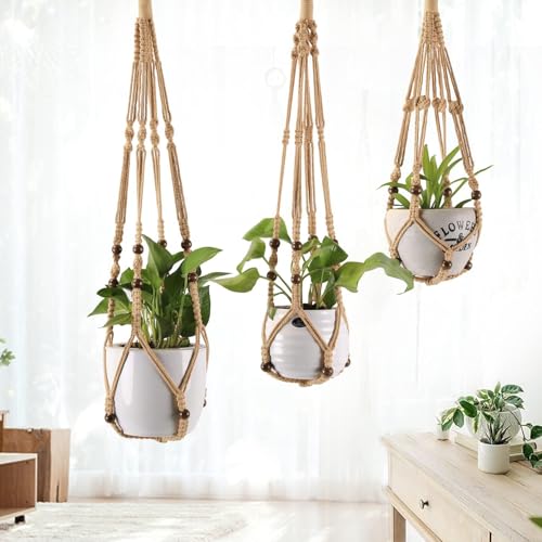 MKO SHUN 3-Pack Macrame Plant Hanger Indoor - Hanging Planter Basket for Indoor Outdoor - Decorative Boho Plant Holders Set with Beads - Ceiling Flower Pot Holder with 6 Hooks - 35"/30"/24" Linen - Image 5