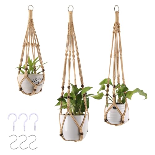 MKO SHUN 3-Pack Macrame Plant Hanger Indoor - Hanging Planter Basket for Indoor Outdoor - Decorative Boho Plant Holders Set with Beads - Ceiling Flower Pot Holder with 6 Hooks - 35"/30"/24" Linen - Image 1