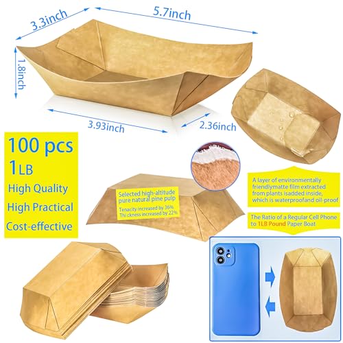 MotBach 100 Pack 1Lb Paper Food Boat Trays Disposable Paper Boat Plates Containers Kraft Food Serving Tray Boats Bowls for Snack Popcorn Fries BBQ HotDog Sandwich Dessert Taco Nacho - Image 3