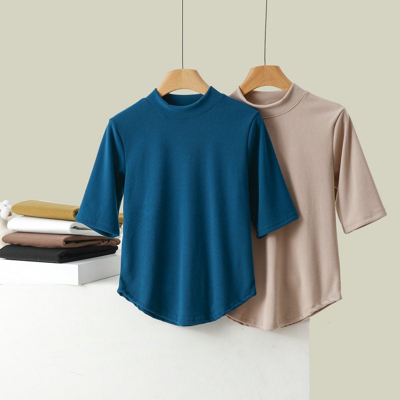Half-High Collar Mu Si Warm Velvet Base Shirt Women'S Inner Wear Slim-Fit Outer Wear Top 5-Sleeve T-Shirt Muscle Base Shirt - Image 3