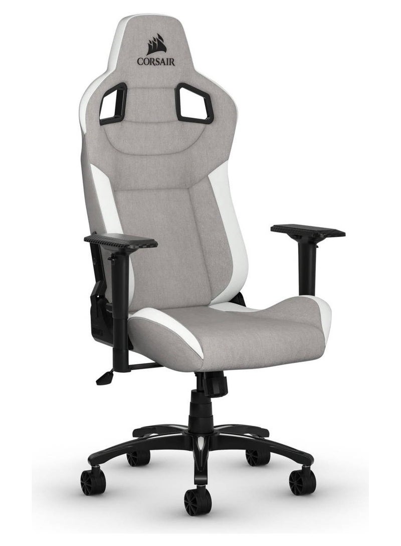كورسير كرسي ألعاب T3 RUSH من القماش - هيكل فولاذي، مقعد وظهر من القماش الناعم، مساند ذراع قابلة للتعديل رباعية الأبعاد، إمالة 90-160 درجة، وسائد قطنية ورقبة قابلة للتعديل، مقعد من إسفنج البولي يوريثان، قفل إمالة، رافعة غاز من الفئة 4، رمادي/أبيض | CF-9010058-WW - Image 1