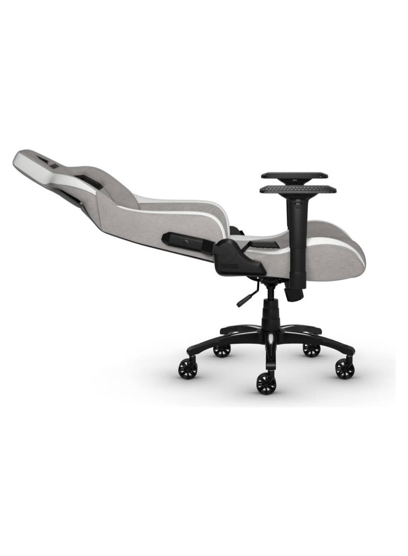 كورسير كرسي ألعاب T3 RUSH من القماش - هيكل فولاذي، مقعد وظهر من القماش الناعم، مساند ذراع قابلة للتعديل رباعية الأبعاد، إمالة 90-160 درجة، وسائد قطنية ورقبة قابلة للتعديل، مقعد من إسفنج البولي يوريثان، قفل إمالة، رافعة غاز من الفئة 4، رمادي/أبيض | CF-9010058-WW - Image 5