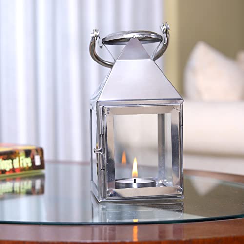 HOSLEY Classic Style Glass Stainless Steel Lantern with One Tealight Candle|Hanging Lantern Perfect for Home Decor|Lantern for Home Decoration|Tealight Holder|Pack of 1, 6.5 Inch Long - Image 1