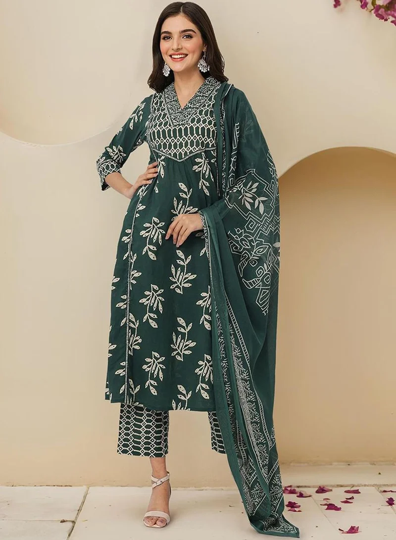 ISHIN Women Bottle Green Cotton Kurta Sets 3pcs sets