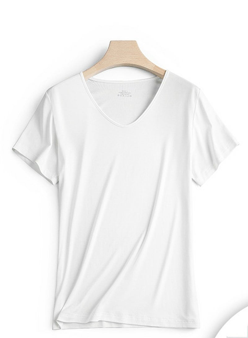 Loquat Women's Solid Color Classic Short Sleeve V-Neck Modal T-Shirt White 