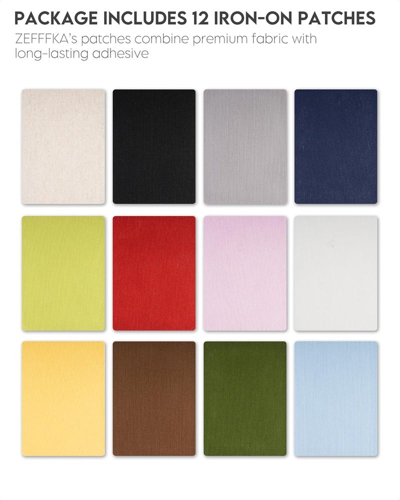 ZEFFFKA 12-Pack Linen Iron-on Patches Fabric Repair Kit for Clothing Shirts Pants Dresses Natural Look Strong Adhesive 12 Colors 30% Linen 70% Cotton 5” x 7” - Image 2