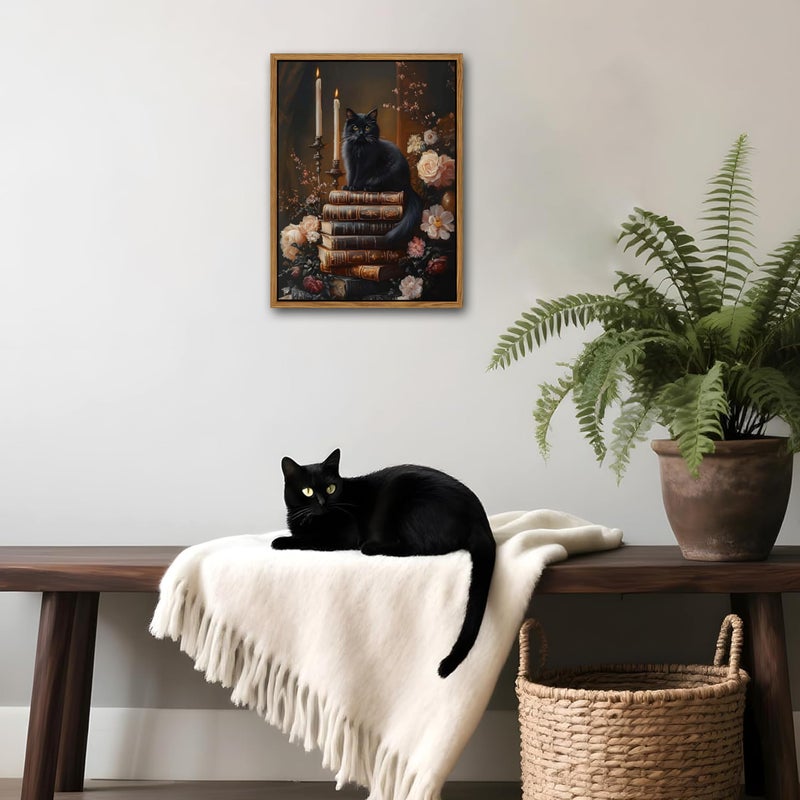 AKWISH Floating Framed Cat Canvas Wall Art - Vintage Books Floral Dark Academia Decor  Victorian Gothic Botanical Flowers Pictures For Living Room Bedroom Gallery Library Wall Decor - 12X16In - Image 4