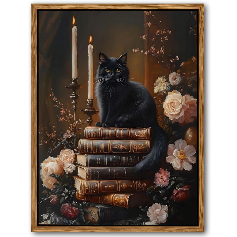 AKWISH Floating Framed Cat Canvas Wall Art - Vintage Books Floral Dark Academia Decor  Victorian Gothic Botanical Flowers Pictures For Living Room Bedroom Gallery Library Wall Decor - 12X16In - Image 1