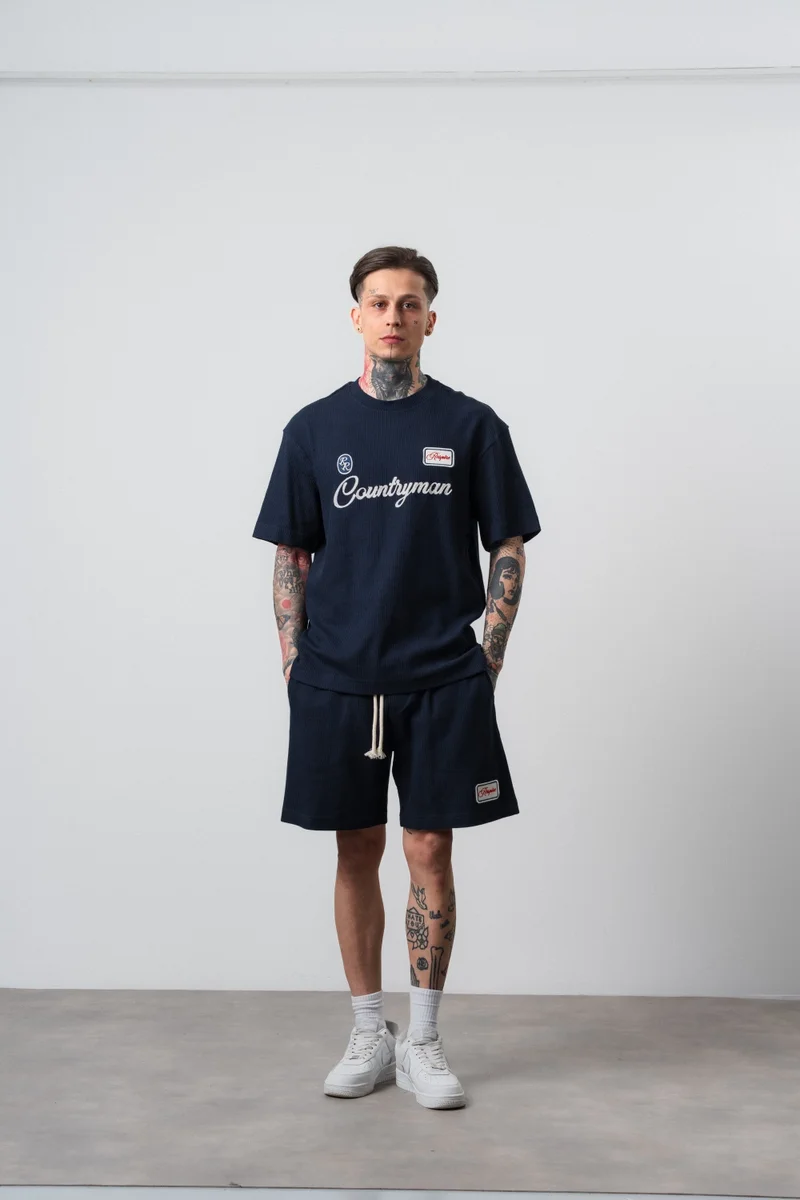 RESPIRE Men's Countryman Embroidered Regular Fit T-Shirt and Shorts Set, Navy Blue