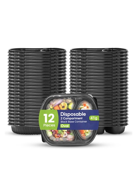 SNH Packing Disposable 12 Pack Oval Black Base Meal Prep Containers with Lids - 2 Compartment, Microwave, Freezer & Dishwasher Safe, Leak-Proof Food Storage Boxes