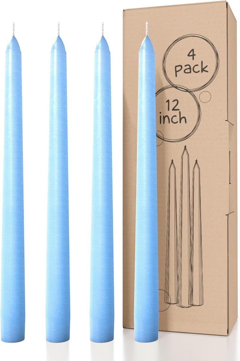 12 inch Taper Candles Set of 4 - Dripless and Smokeless Candle Unscented - Slow Burning Candle Sticks - Light Blue Candles Taper