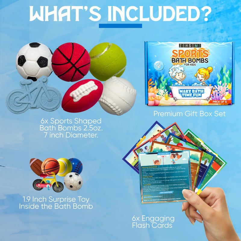 ZenseMe Bath Bombs With Toys Inside W/Educational Flash Cards - Bath Bombs For Kids - 2.5 Oz Gift Set Of 6 Scented Organic Handmade With Natural Essential Oils - Sports Surprise Inside By Zenseme - Image 2