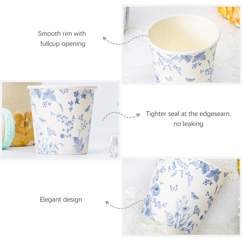 Crisky 5oz Paper Cups Dixie Cup[100 Pack], Disposable Bathroom Cups, Elegant Blue Floral Small Mouthwash Cup, Hot/Cold Beverage Coffee, Dessert for Birthday Parties, Home-use, Picnics, Ceremonies - Image 2