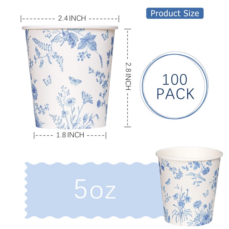 Crisky 5oz Paper Cups Dixie Cup[100 Pack], Disposable Bathroom Cups, Elegant Blue Floral Small Mouthwash Cup, Hot/Cold Beverage Coffee, Dessert for Birthday Parties, Home-use, Picnics, Ceremonies - Image 3