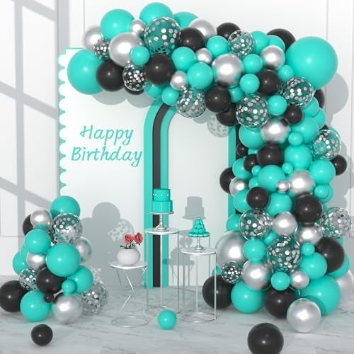 Cunnikku Teal Balloon Garland Arch Kit 142PCS Teal Blue Black and Metallic Silver Confetti Balloons for Gender Reveal Birthday Wedding Baby Shower Graduation Anniversary Engagement Halloween Party Decorations - Image 1