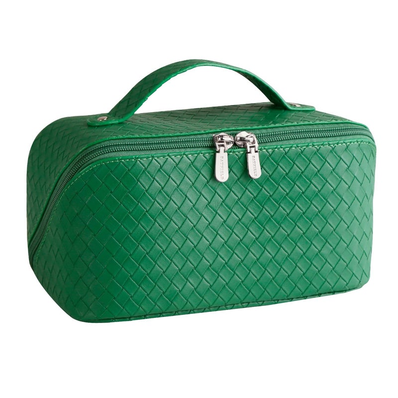 Batfield Cosmetic Bag for Women, Litchi Pu Leather Makeup Pouch for Women, Large Capacity Cosmetic Travel Bag, Portable Makeup Kit Storage Bag with Handle and Divider (Woven Green), 12 cm - Image 1