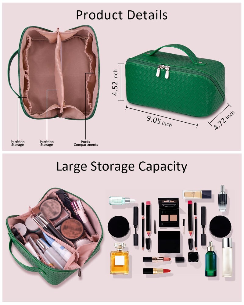 Batfield Cosmetic Bag for Women, Litchi Pu Leather Makeup Pouch for Women, Large Capacity Cosmetic Travel Bag, Portable Makeup Kit Storage Bag with Handle and Divider (Woven Green), 12 cm - Image 3