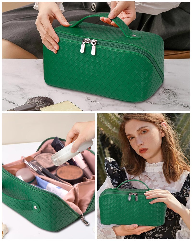 Batfield Cosmetic Bag for Women, Litchi Pu Leather Makeup Pouch for Women, Large Capacity Cosmetic Travel Bag, Portable Makeup Kit Storage Bag with Handle and Divider (Woven Green), 12 cm - Image 5