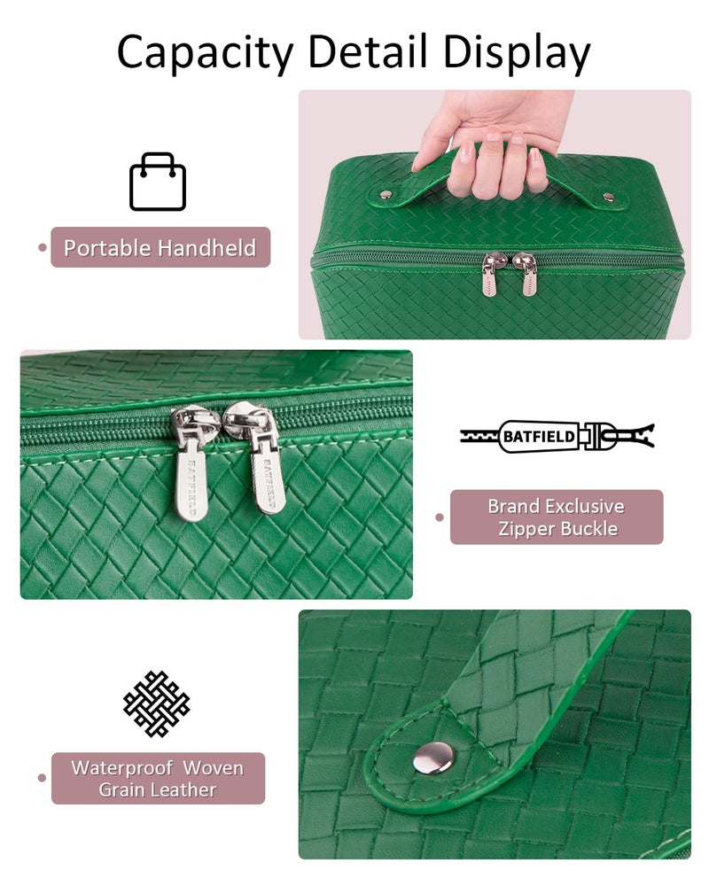 Batfield Cosmetic Bag for Women, Litchi Pu Leather Makeup Pouch for Women, Large Capacity Cosmetic Travel Bag, Portable Makeup Kit Storage Bag with Handle and Divider (Woven Green), 12 cm - Image 4