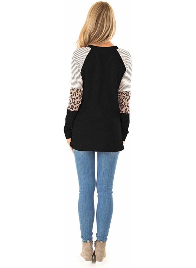 HARHAY Women's Leopard Print Color Block Tunic Round Neck Long Sleeve Shirts Striped Causal Blouses Tops, 01 Black, L - Image 3