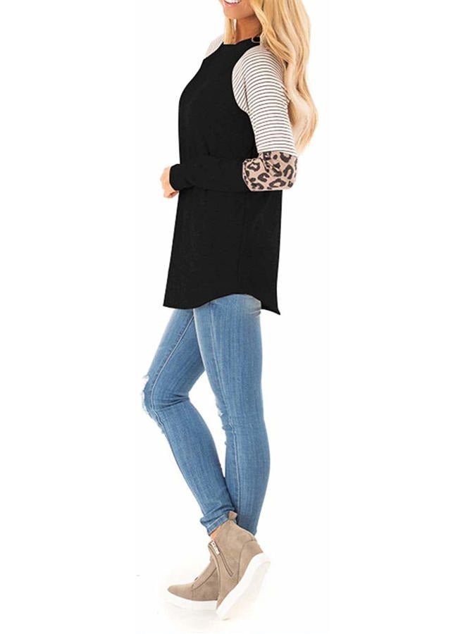 HARHAY Women's Leopard Print Color Block Tunic Round Neck Long Sleeve Shirts Striped Causal Blouses Tops, 01 Black, L - Image 2