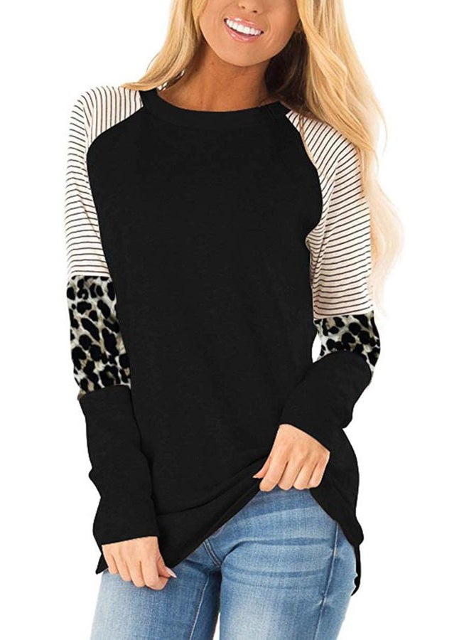HARHAY Women's Leopard Print Color Block Tunic Round Neck Long Sleeve Shirts Striped Causal Blouses Tops, 01 Black, L - Image 1