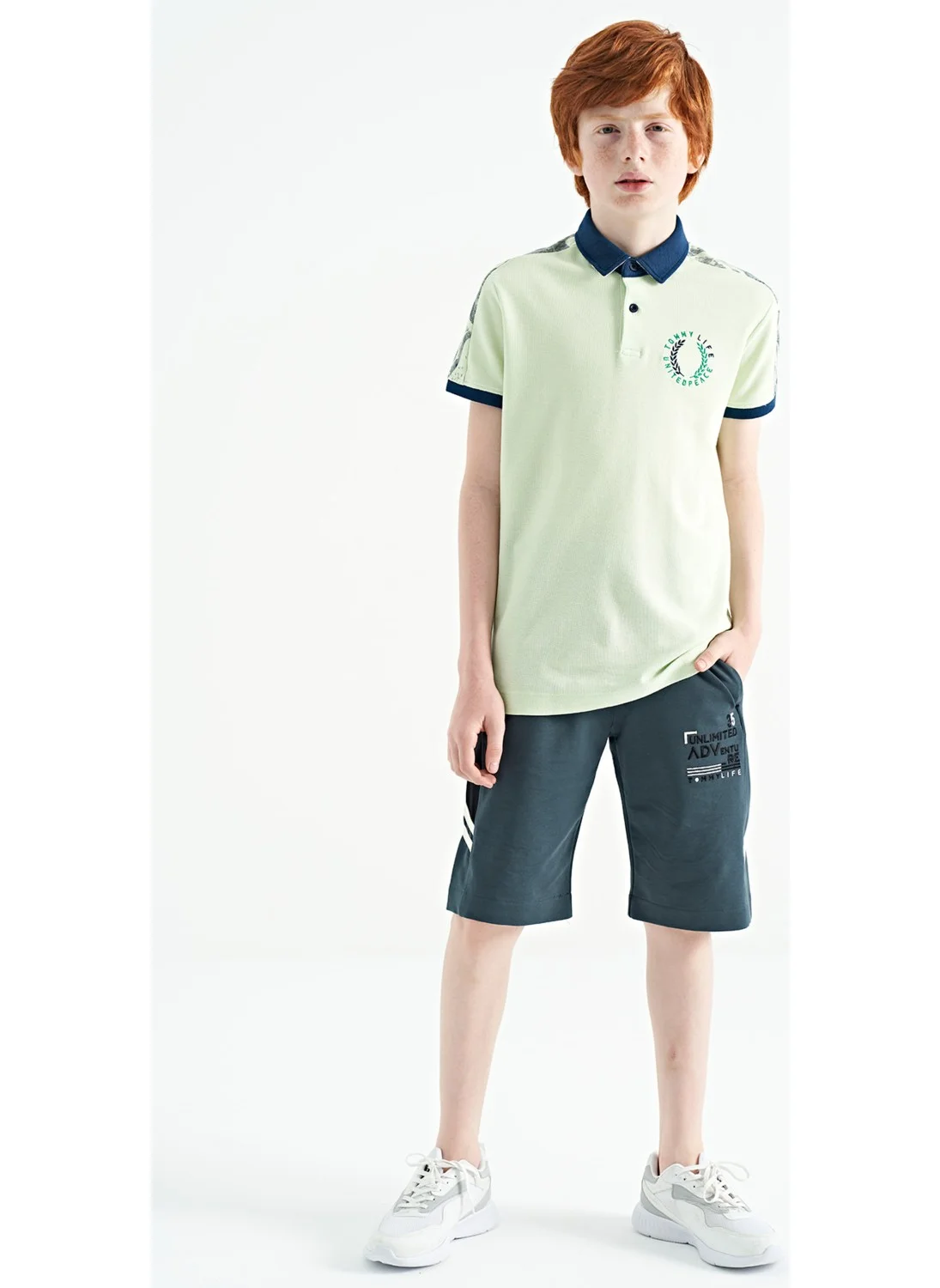 تومي لايف Light Green Print Detailed Pola Collar Standard Pattern Boys T-Shirt - 11166