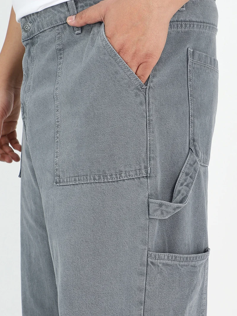 Urbano Fashion  Urbano Plus Men's Light Grey Loose Fit Cargo Carpenter Jeans With 6 Pockets Non-Stretchable  | Best Price UAE