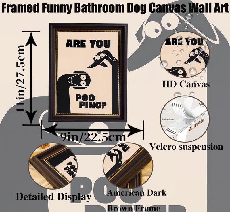 MHYIDUT Dark Brown Framed Funny Bathroom Dog Canvas Wall Art Are You Pooping Wall Decor Picture Humor Bathrooms Animal Poster Print Painting for Toilet And Restroom Prepare To Hang - Image 3