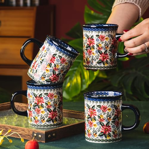 ONECCI Ceramic Latte Mug Set of 4, 15.5oz Hand Painted Porcelain Coffee Cups With Handle for Tea/Milk/Cocoa - Modern Retro Design For Any Kitchen. Microwave and Dishwash Safe (Exotic Daisy) - Image 3