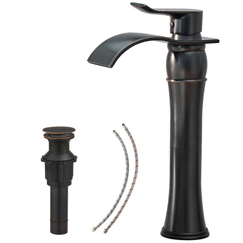 BATHLAVISH Vessel Sink Faucet Oil Rubbed Bronze Waterfall Tall Bathroom Antique Oiled with Pop Up Drain Assembly Combo Single Handle 1 Hole Vanity Lavatory Without Overflow Commercial